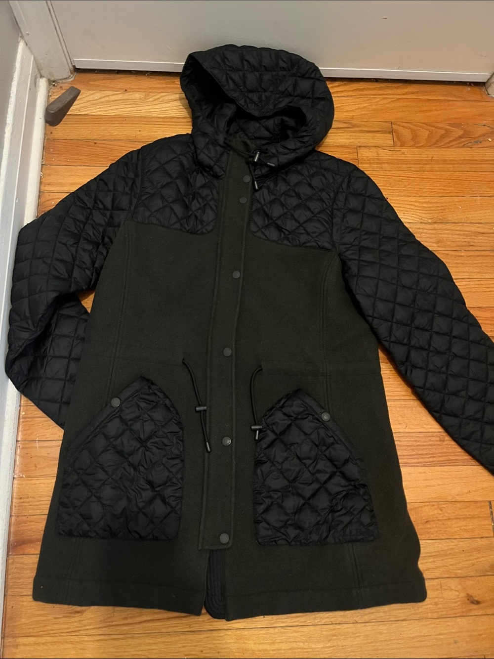 L.L.Bean Women’s Wool Quilted Hooded Parka Coat in Black
